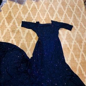 Formal evening gown. Navy blue with lace and sequence.
